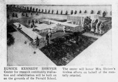 Architect's rendering of the CERC and Shriver Center. Source: "New Retarded Center Named for Eunice Kennedy Shriver," The Boston Globe, January 14, 1966.