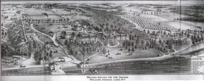 Willard Asylum for the Chronic Insane. The 1869 Chapin Building (pictured in center) was the model used in designing Fernald's West Building. From Annual Report (Ovid), 1878, page 10. Courtesy of National Library of Medicine.